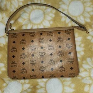 MCM Cognac Visetos Logo Print Shoulder Pouch